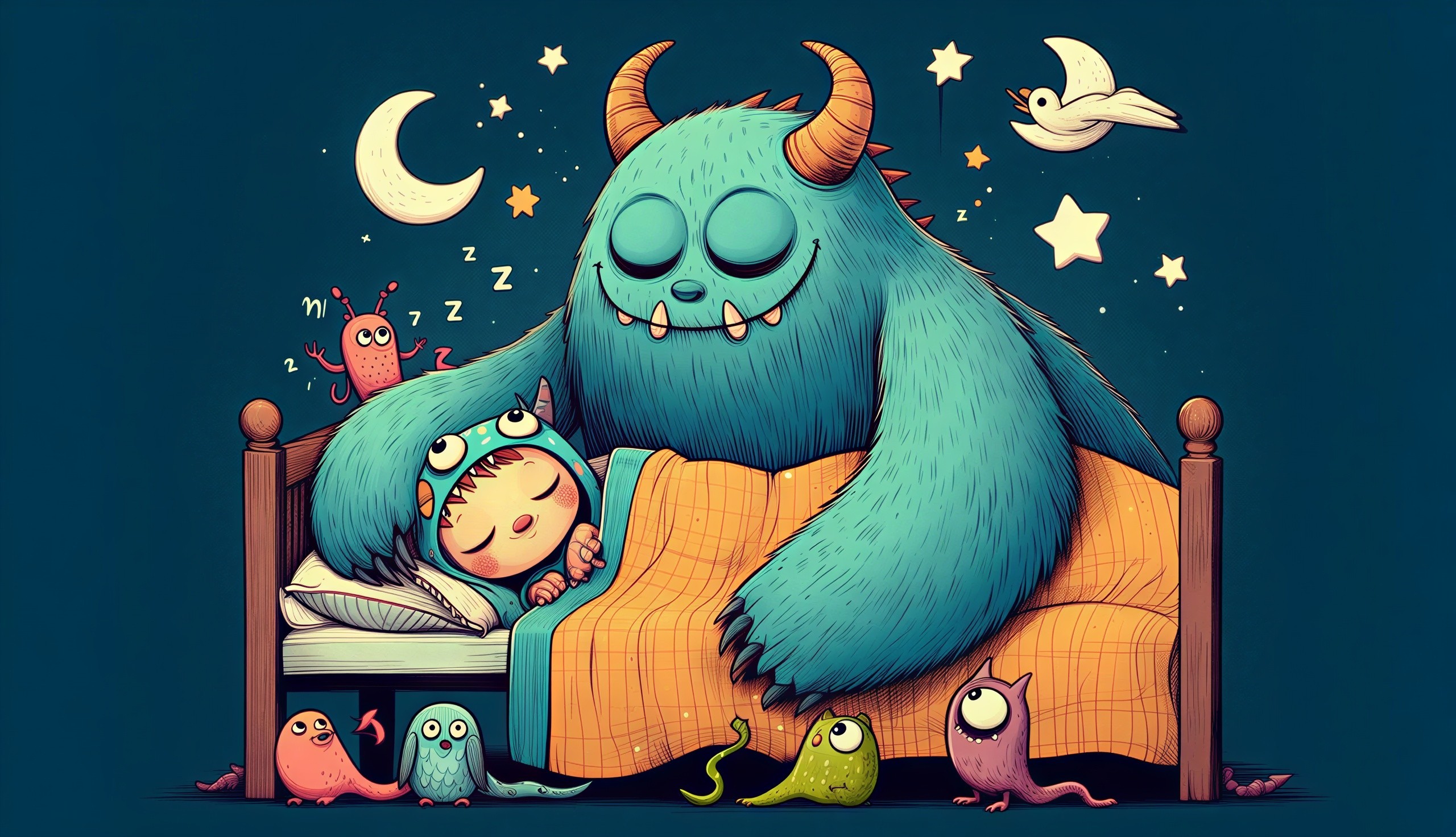 Child Sleeping with Friendly Blue Monster in Cozy Room