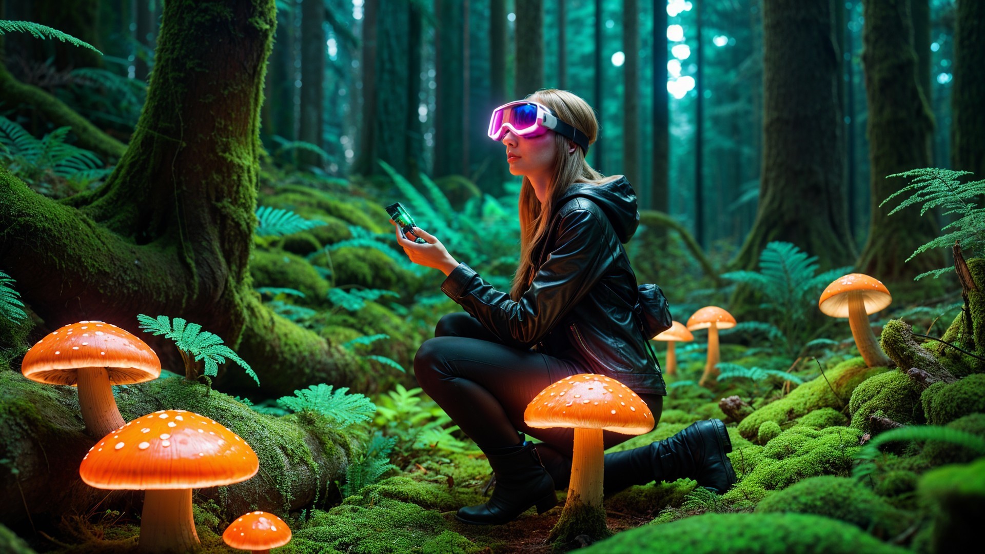 Mystical Forest with Glowing Orange Mushrooms and Woman