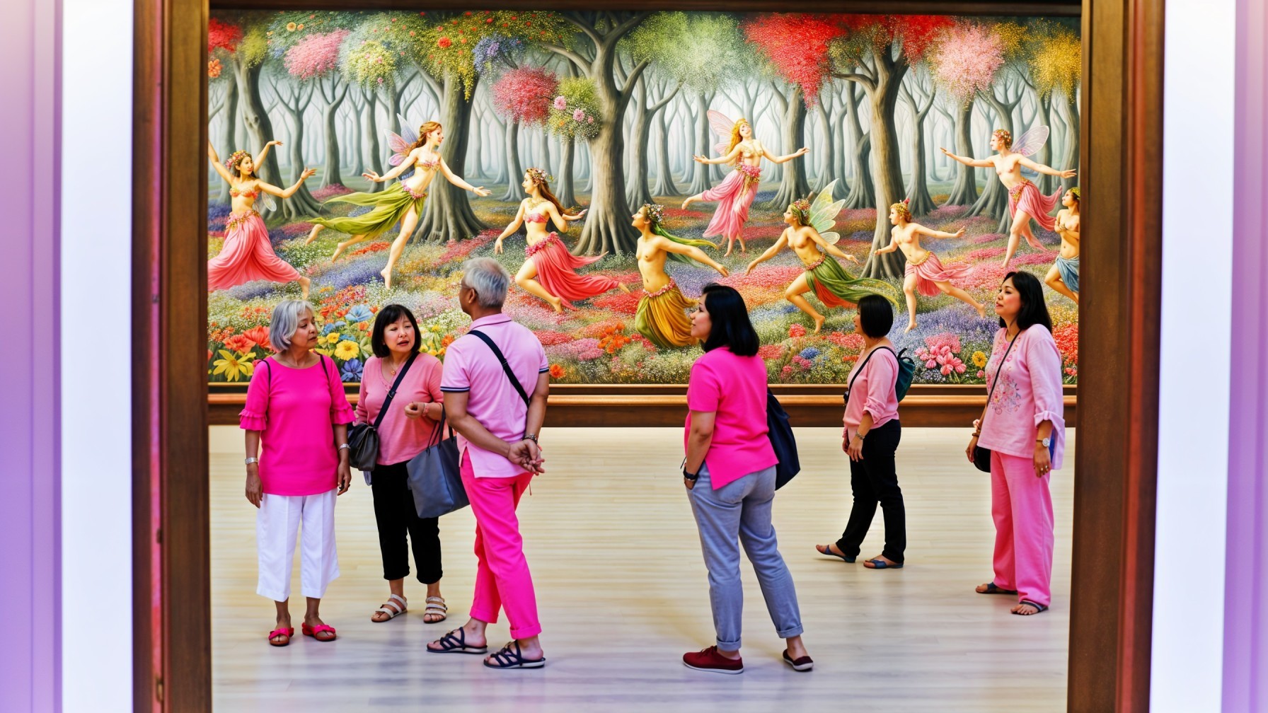 Visitors Admiring Colorful Mural in Vibrant Gallery