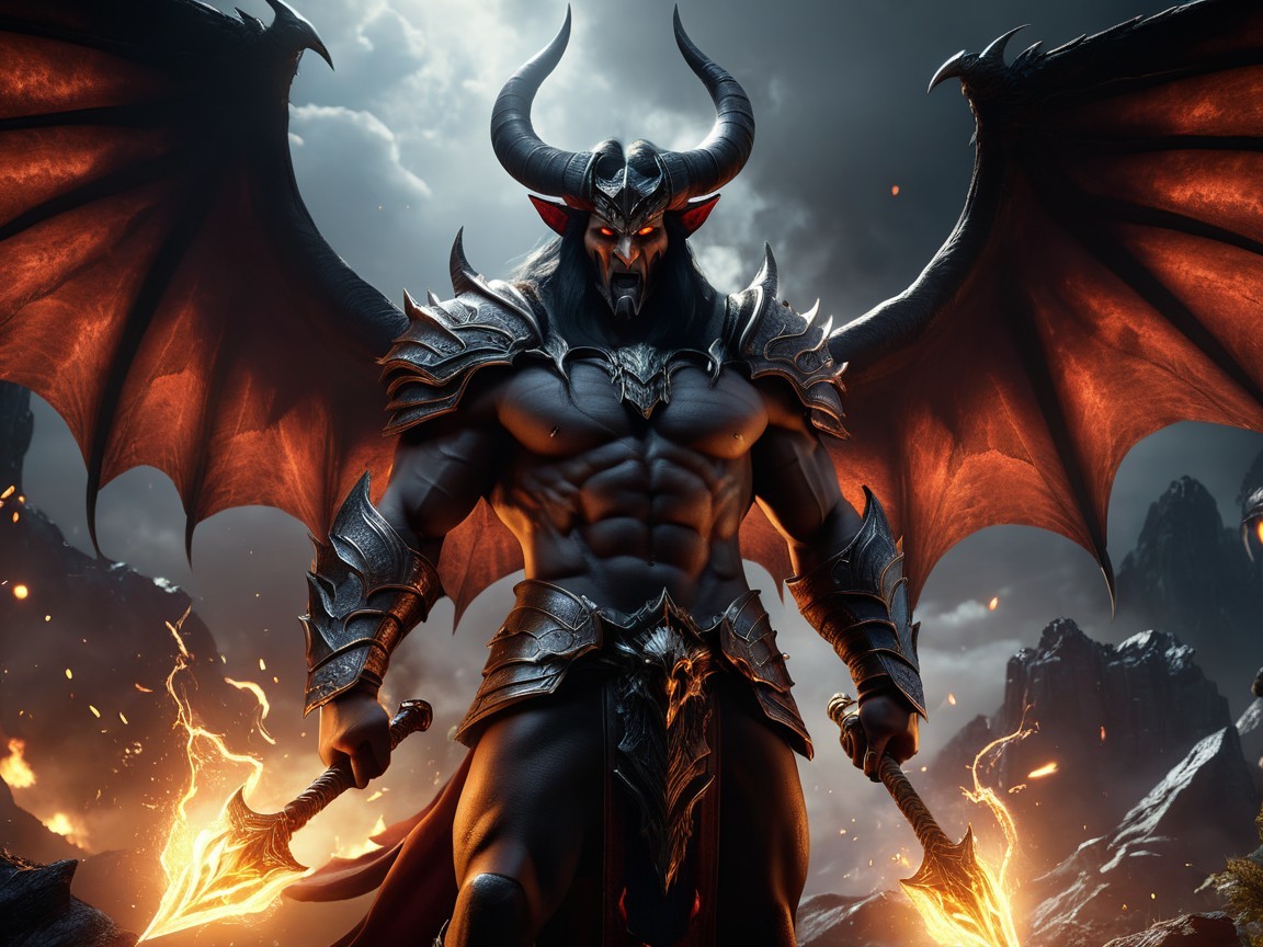 Demon with Wings in Volcanic Landscape and Armor