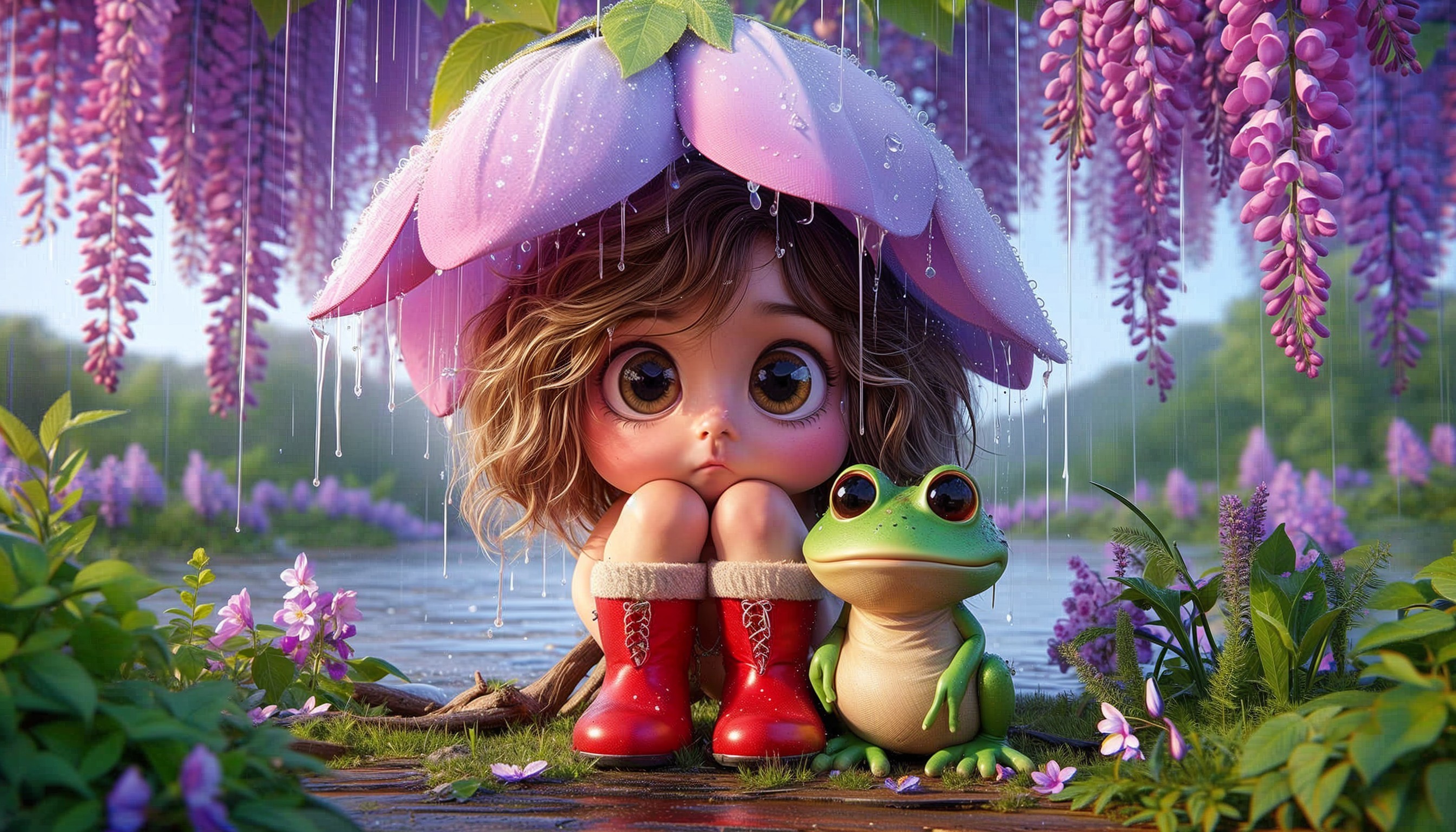 Whimsical Scene of Girl and Frog Under Flower Umbrella