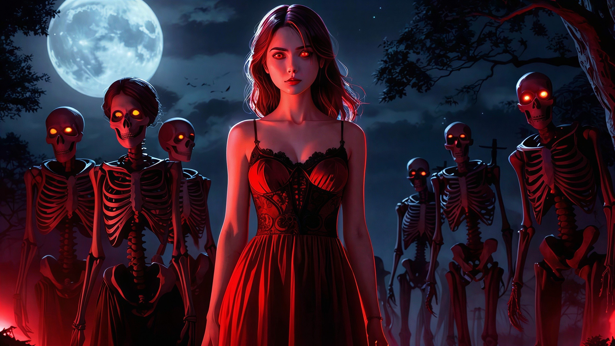 Red-haired woman in lacy dress with skeletal figures