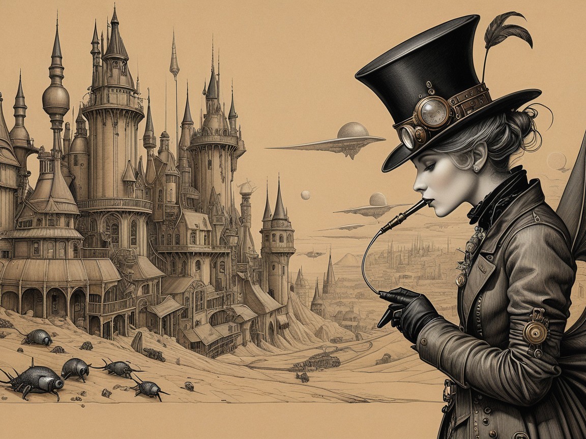 Steampunk Scene with Fashionable Figure and Cityscape