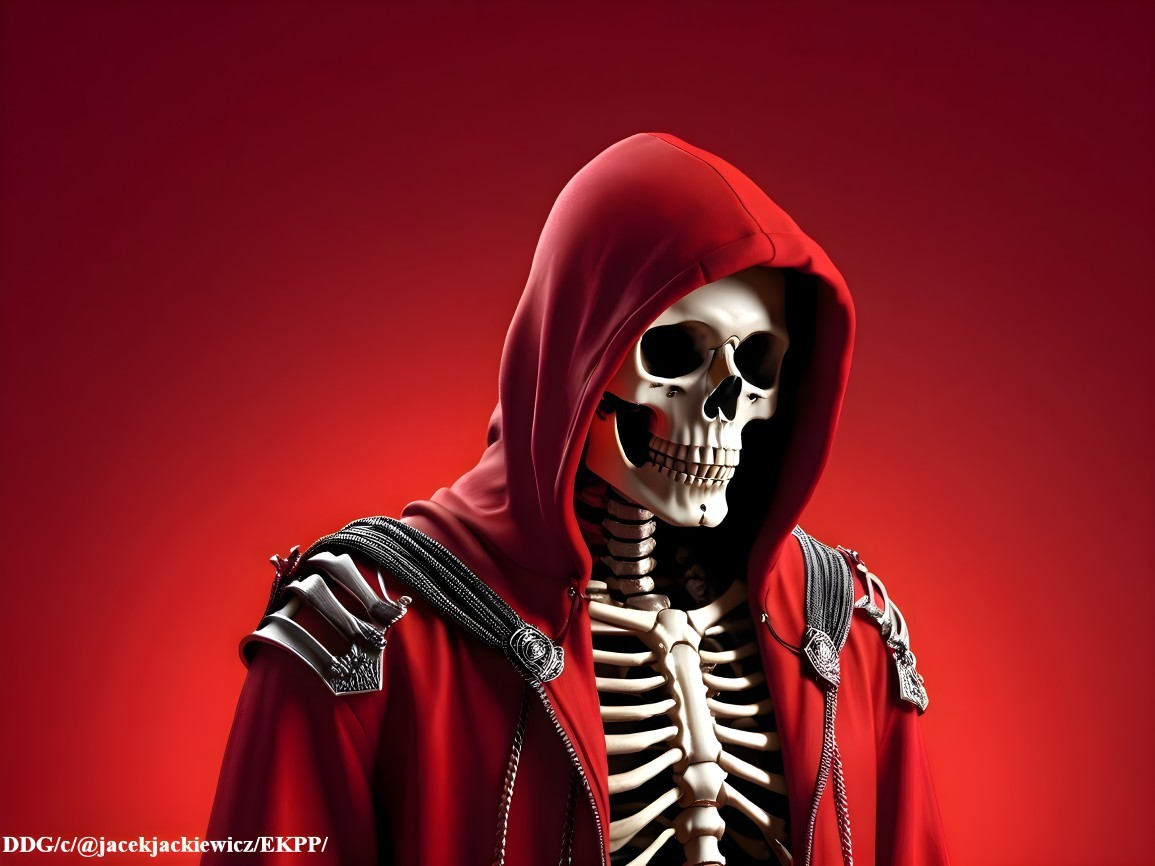 Skeletal Figure in Red Cloak with Silver Details