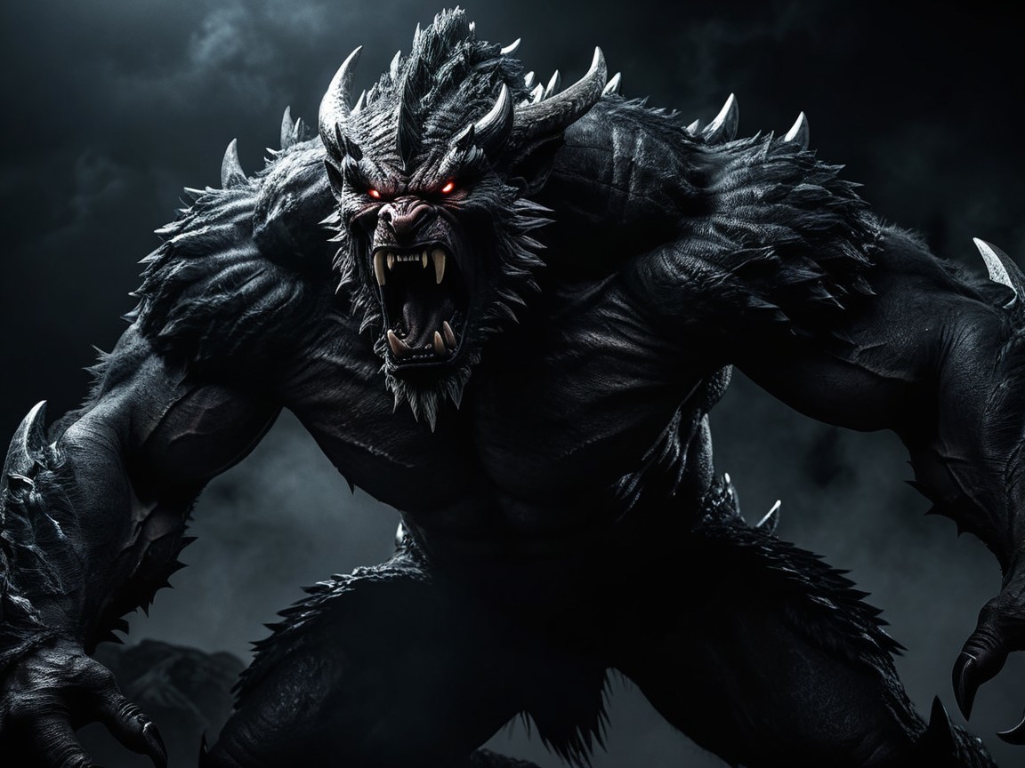 Large Menacing Creature with Spiky Fur and Horns