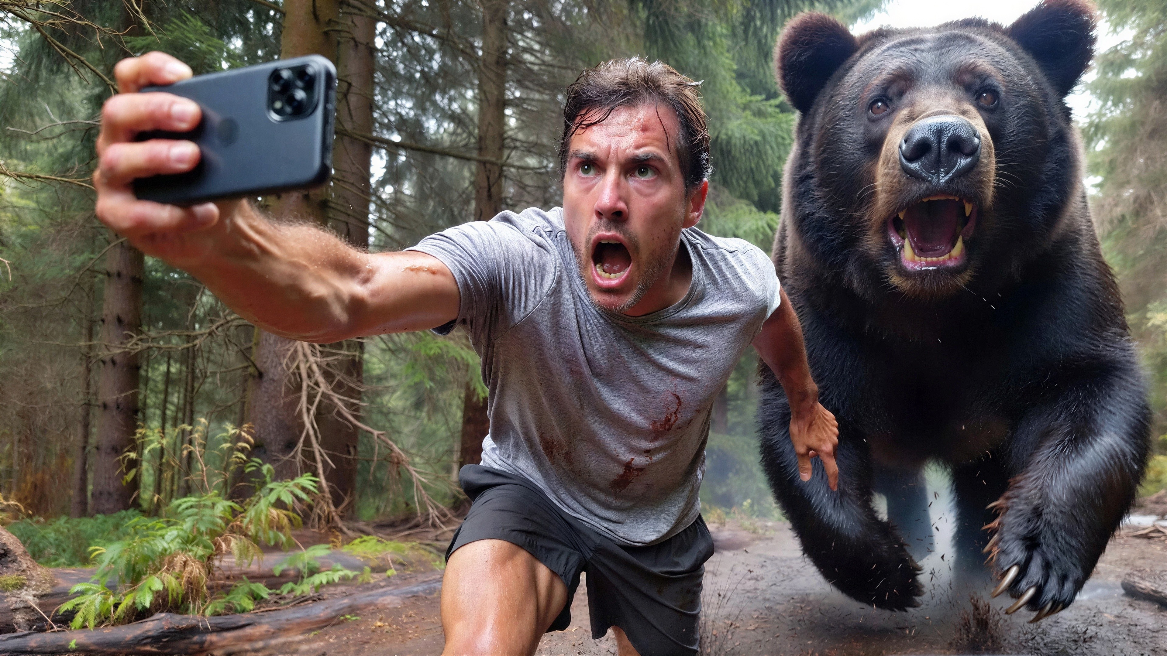 Man in forest selfie with bear chasing him