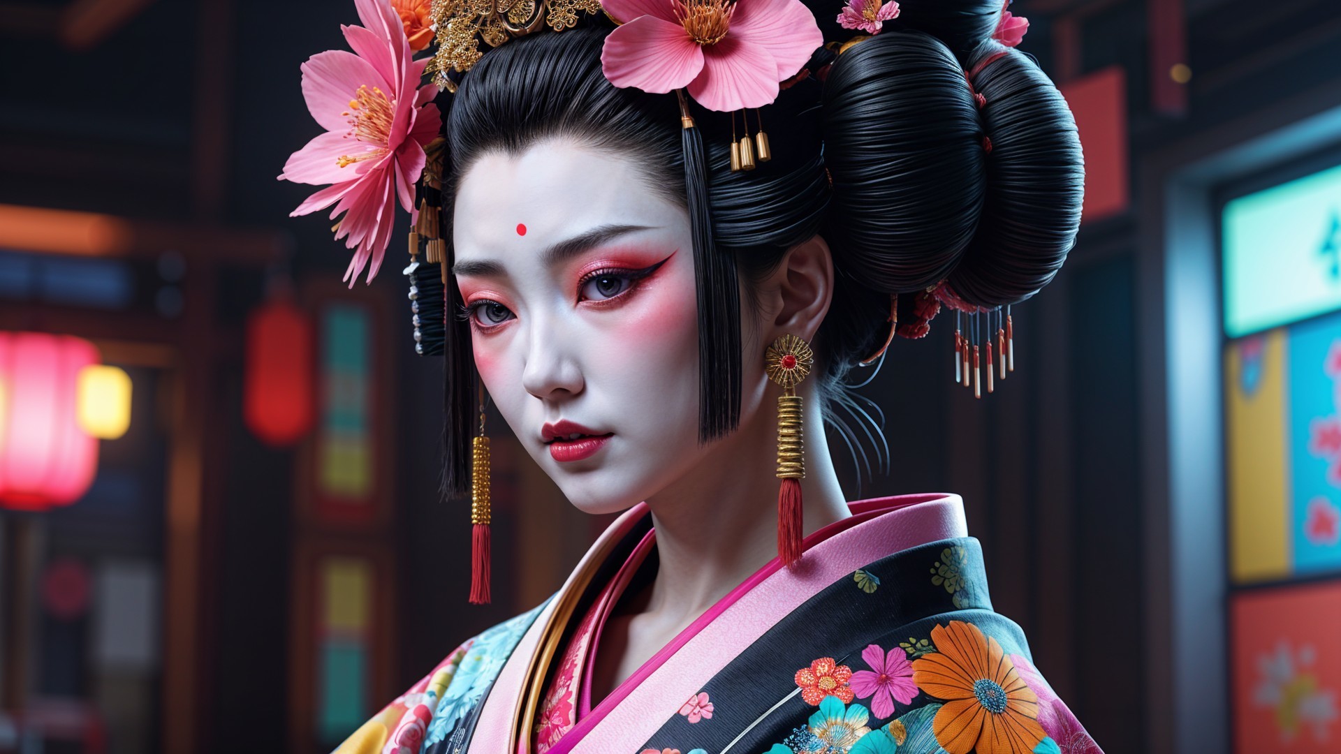 Traditional Japanese Attire with Floral Kimono and Makeup