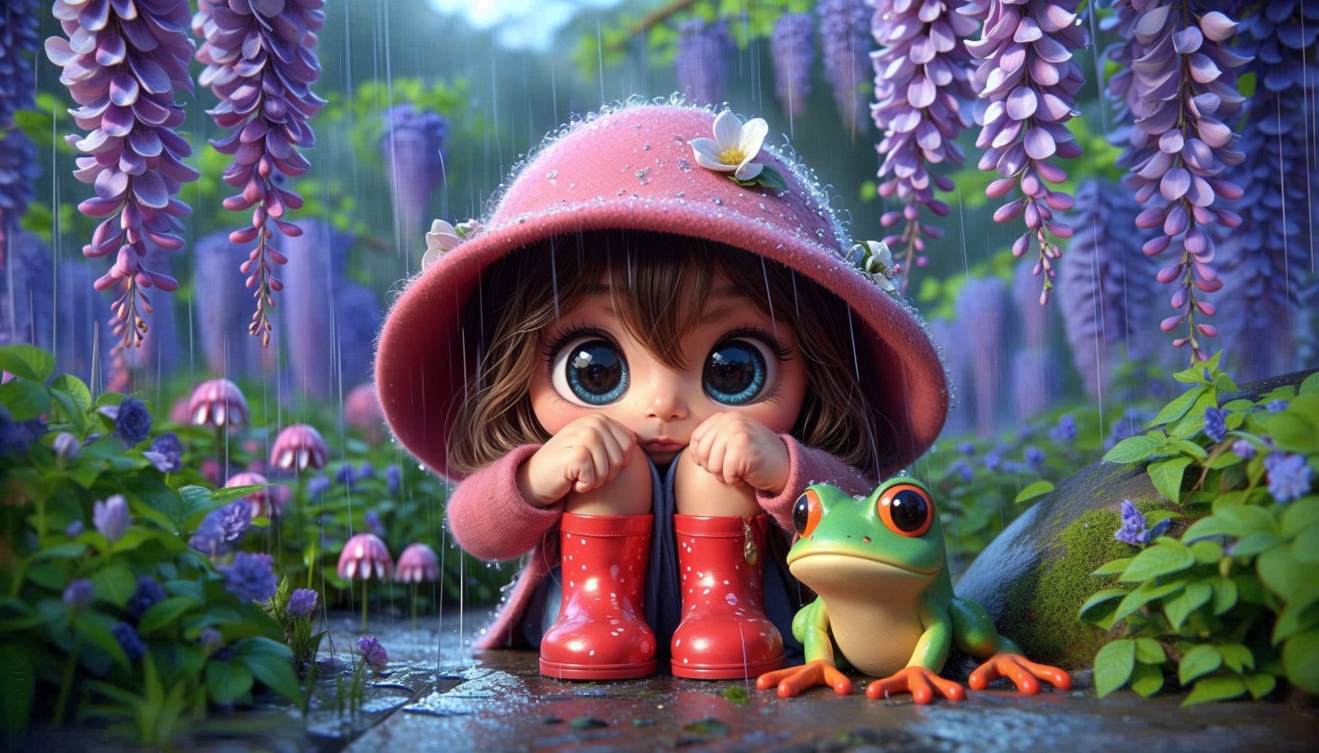 Girl in Pink Rain Hat Surrounded by Colorful Garden