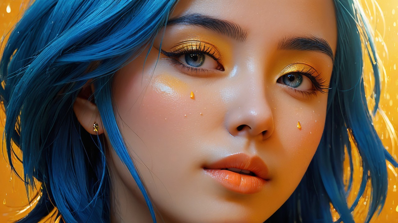 Glamorous Woman with Blue Hair and Sparkling Makeup