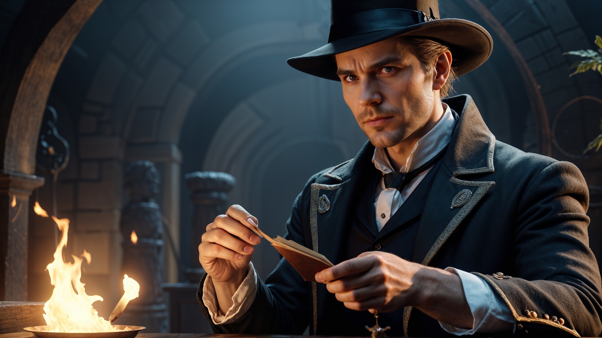 Suave Man in Black Hat Examines Card in Mysterious Setting
