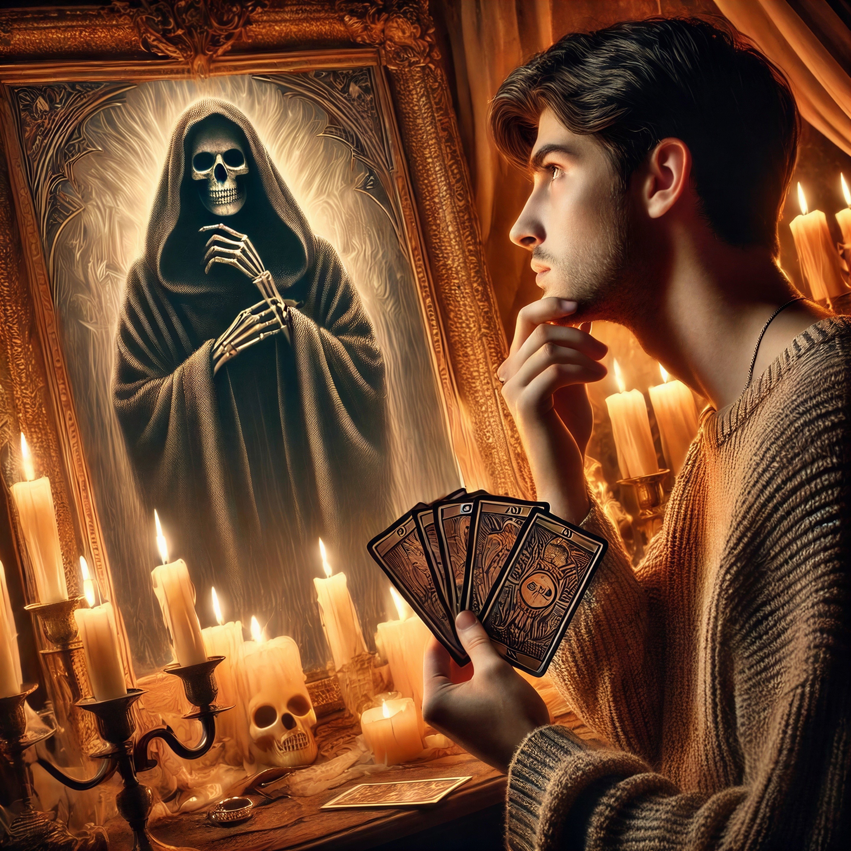 Young man in candlelit room with tarot cards and mirror