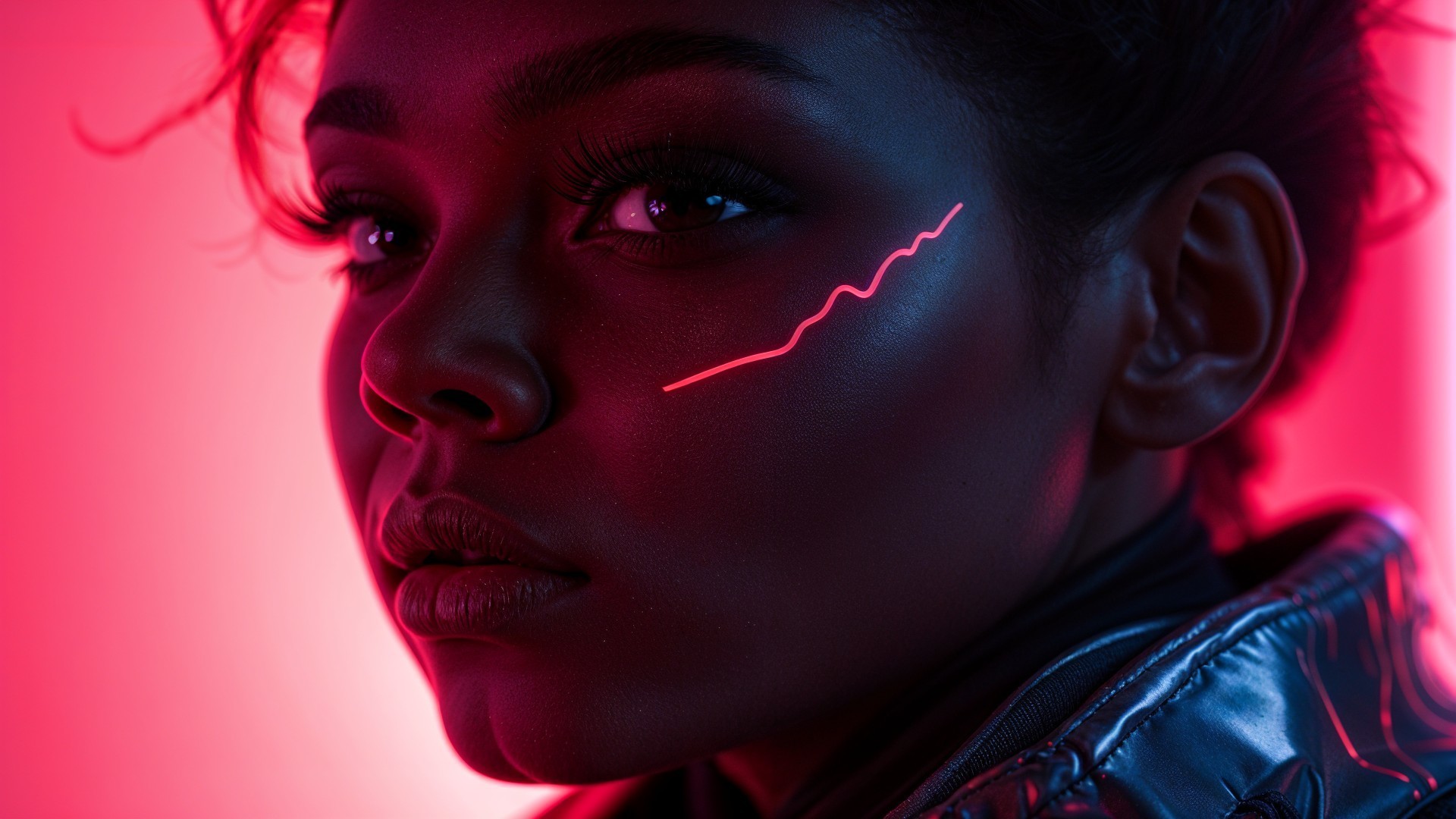 Close-Up of a Young Woman in Vibrant Pink Lighting
