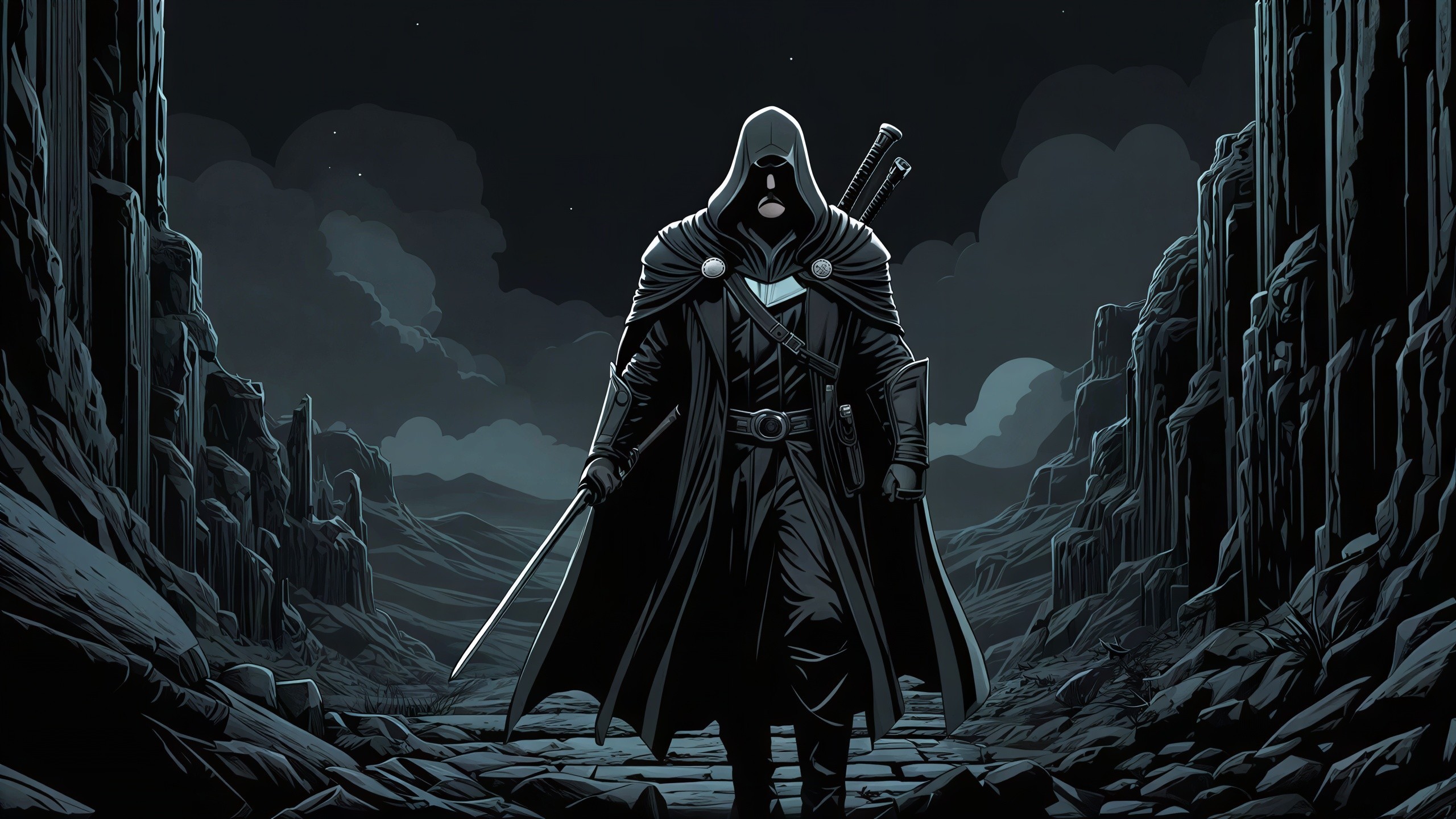 Cloaked Figure with Swords in Dystopian Night Landscape