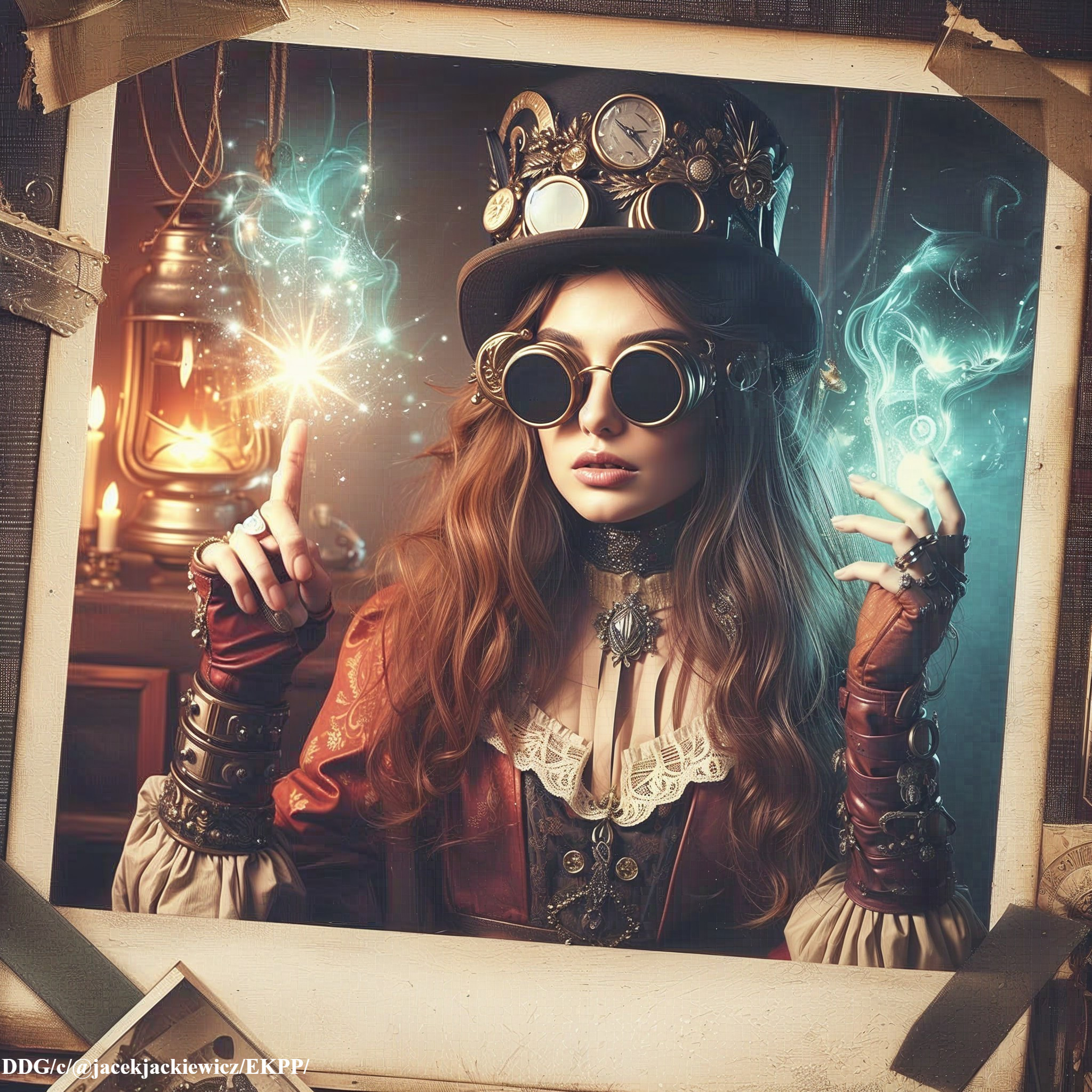 Young Woman in Steampunk Outfit with Blue Energy Wisps