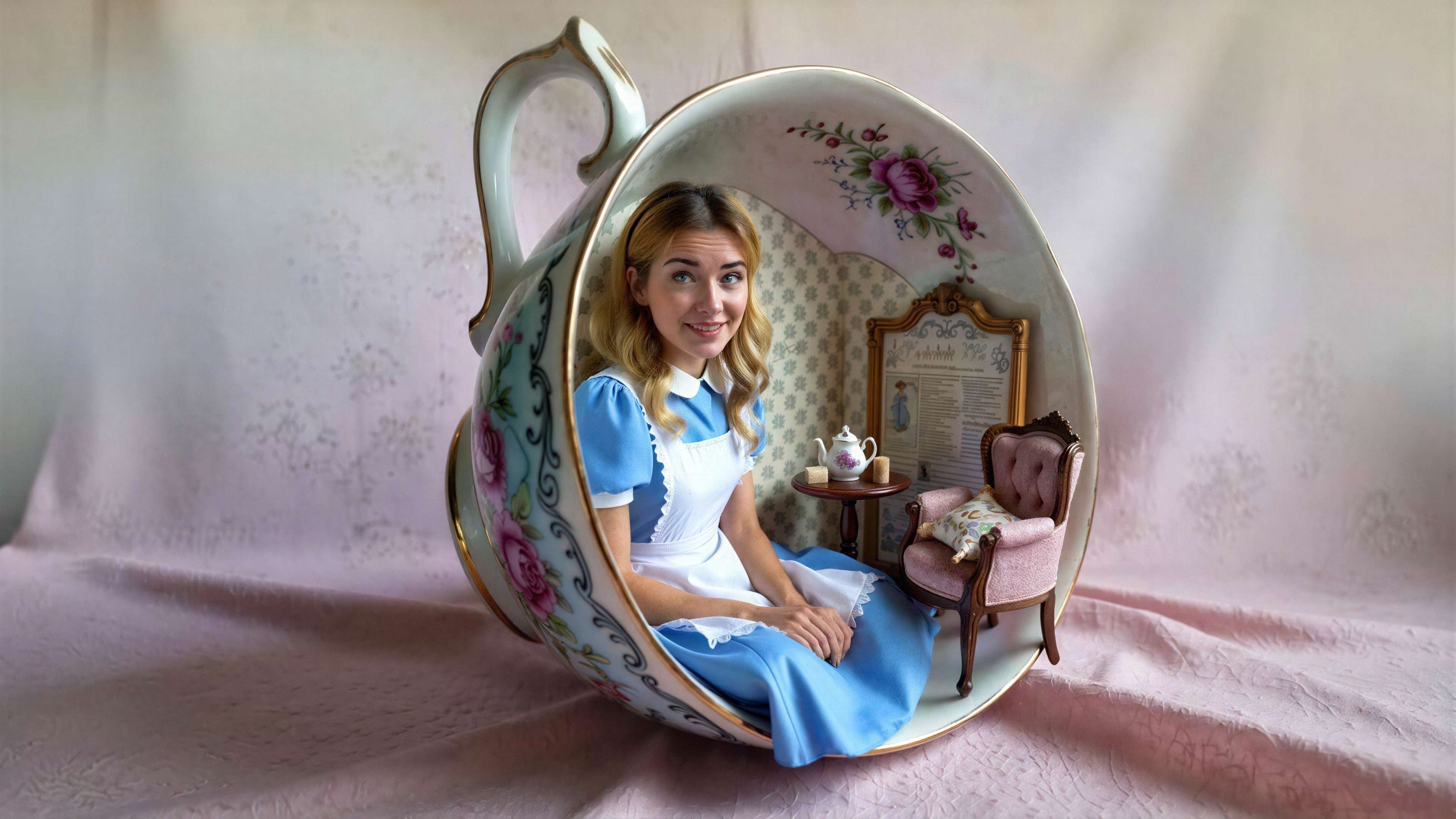Young Woman as Alice in Ornate Teacup Setting