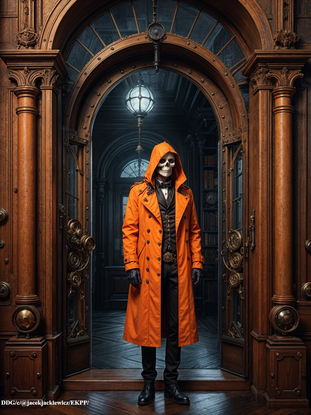 Vintage Library with Figure in Orange Trench Coat