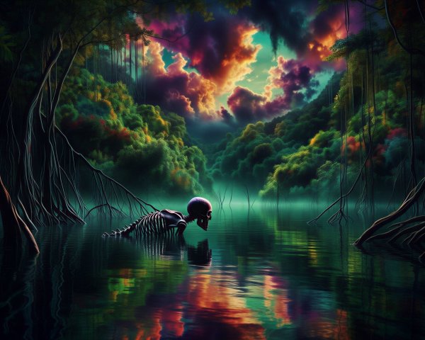 Dark Ethereal Swamp with Skeleton in Murky Water