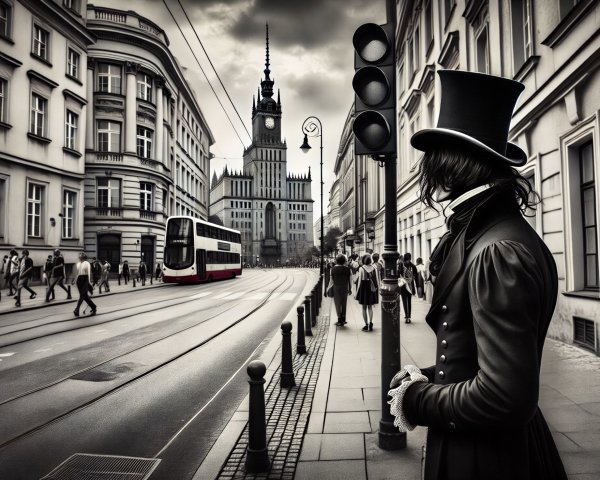 Gothic Street Scene with Modern Tramcar and People