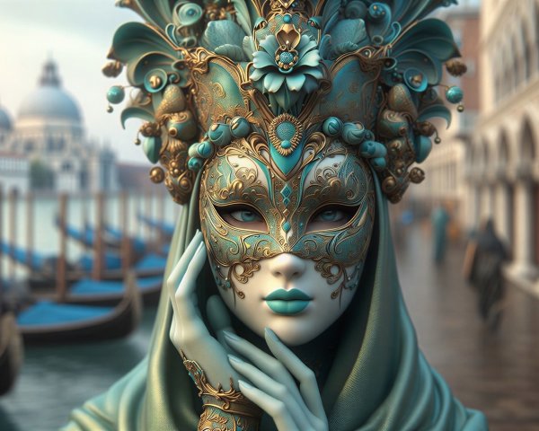 Close-Up of Venetian Mask with Canal Background