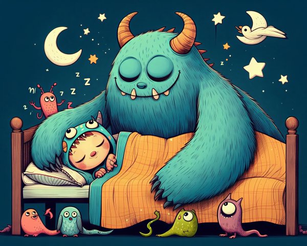 Child Sleeping with Friendly Blue Monster in Cozy Room