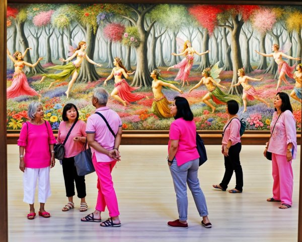 Visitors Admiring Colorful Mural in Vibrant Gallery