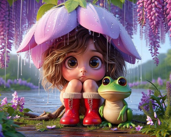 Whimsical Scene of Girl and Frog Under Flower Umbrella