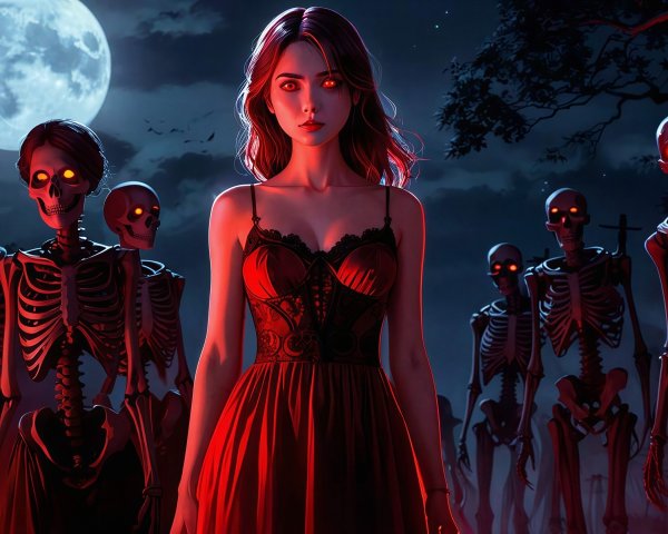 Red-haired woman in lacy dress with skeletal figures