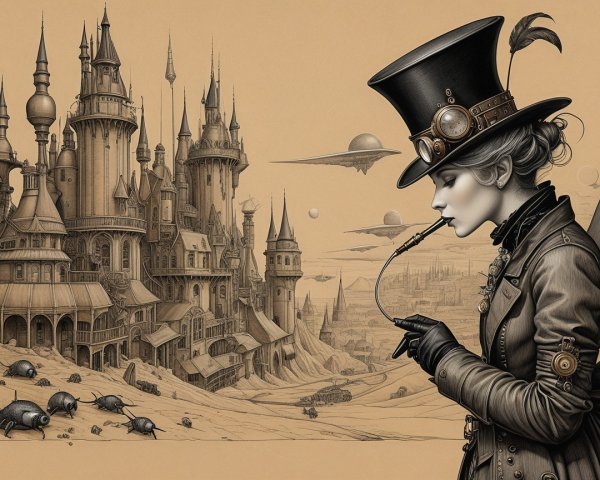 Steampunk Scene with Fashionable Figure and Cityscape