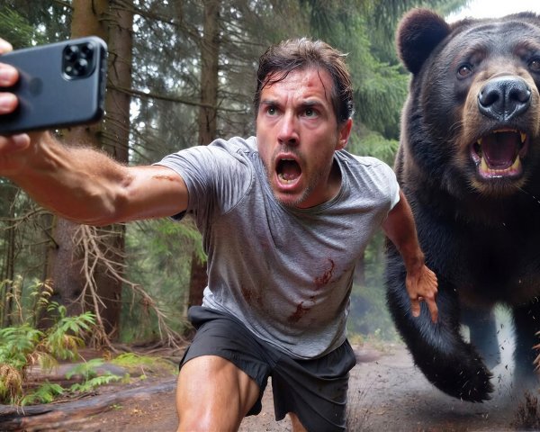 Man in forest selfie with bear chasing him