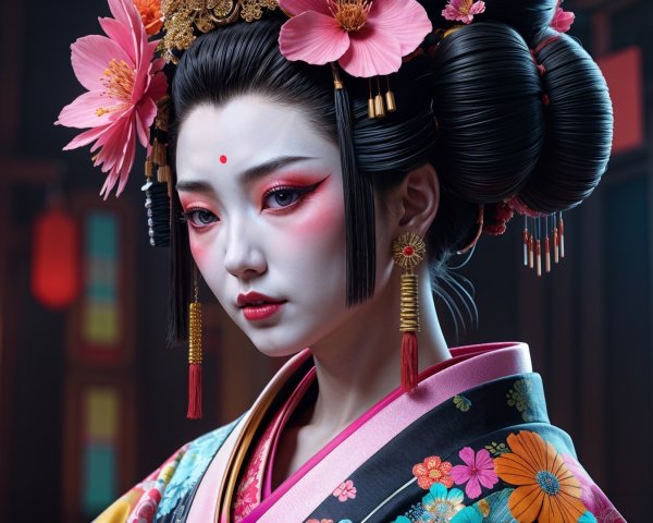 Traditional Japanese Attire with Floral Kimono and Makeup
