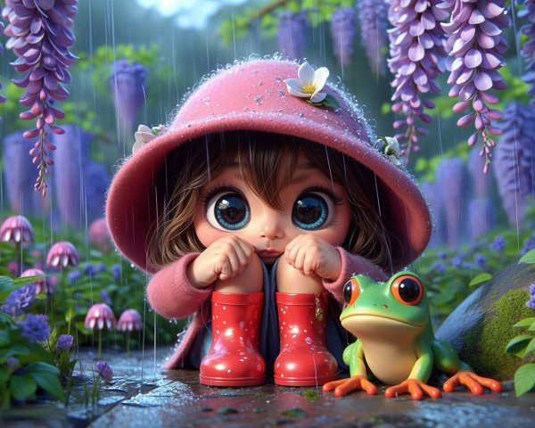 Girl in Pink Rain Hat Surrounded by Colorful Garden