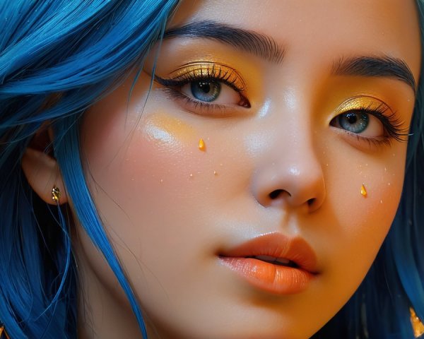 Glamorous Woman with Blue Hair and Sparkling Makeup