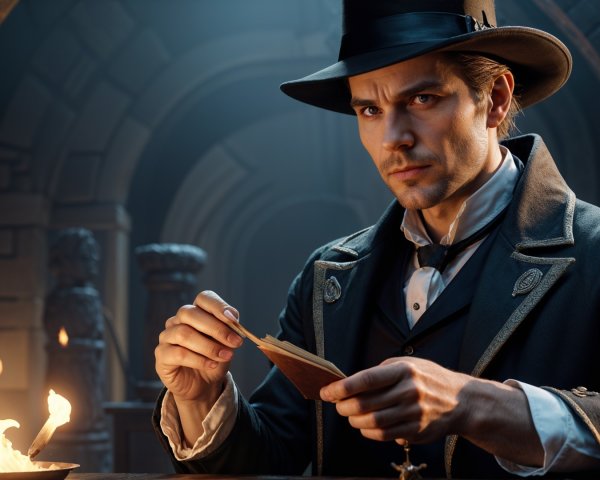 Suave Man in Black Hat Examines Card in Mysterious Setting