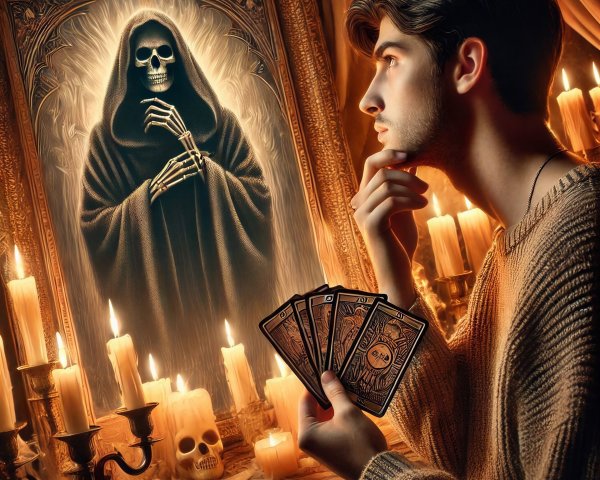 Young man in candlelit room with tarot cards and mirror
