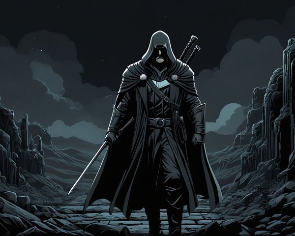 Cloaked Figure with Swords in Dystopian Night Landscape