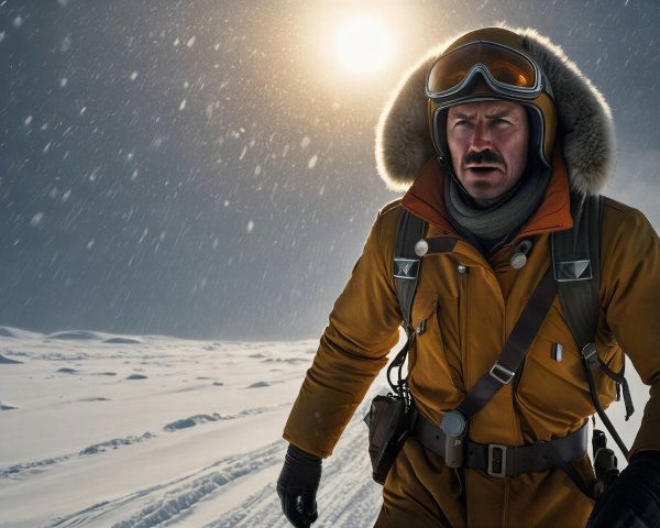 Man in Winter Gear Walking Through Snowy Landscape