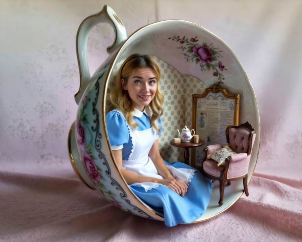 Young Woman as Alice in Ornate Teacup Setting