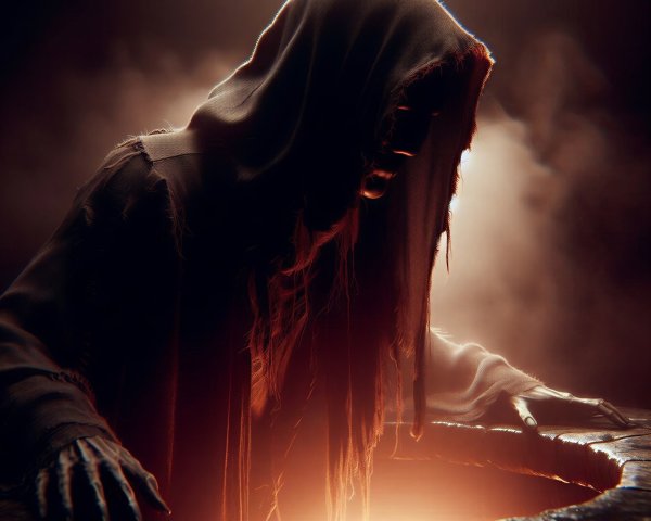 Mysterious cloaked figure by an ominous well