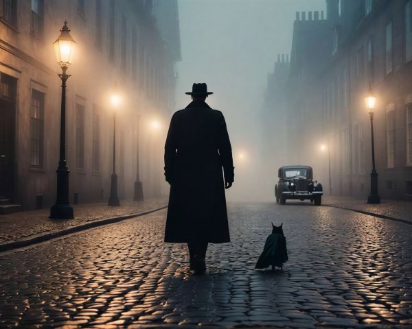 Foggy medieval alleyway with man and cat scene