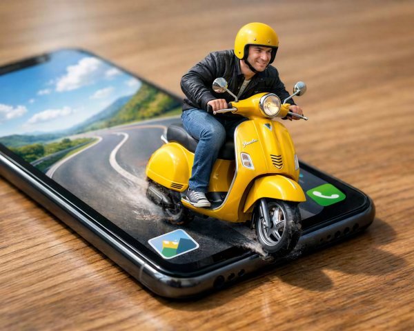 Miniature Figure Riding Vespa Scooter from Smartphone
