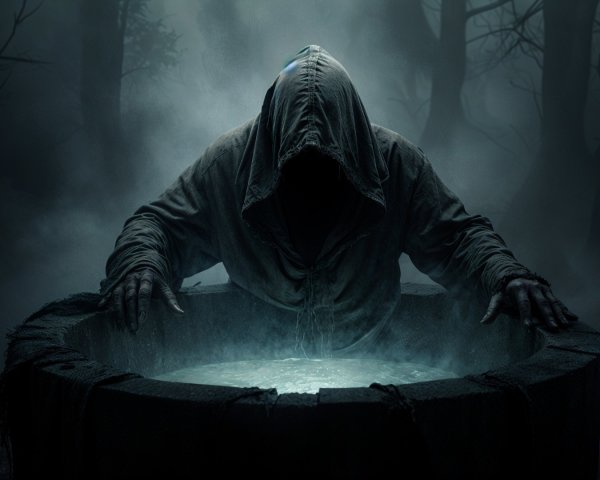 Cloaked Figure by Misty Well in Shadowy Forest