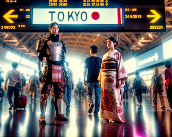 Samurai and Kimono in Tokyo Airport's Modern Scene