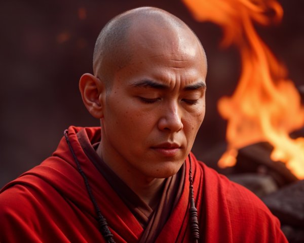 Monk Meditating in Front of Flickering Flames
