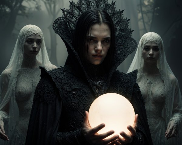 Mysterious Figure in Cloak with Glowing Orb in Forest