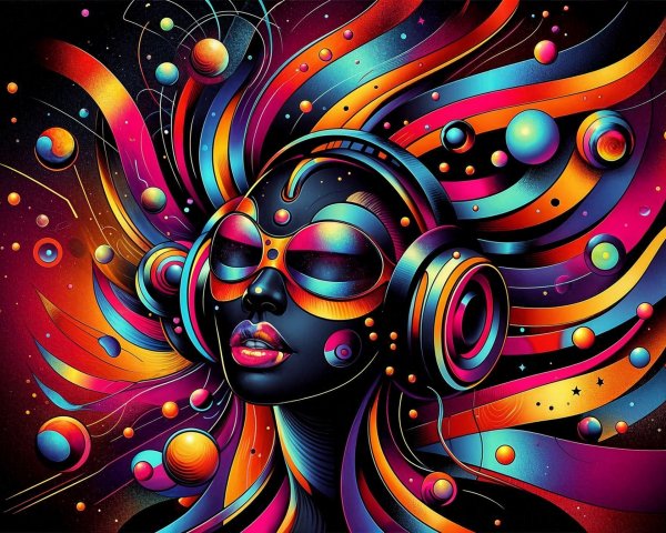 Surreal Woman with Colorful Cosmic Hair and Headphones