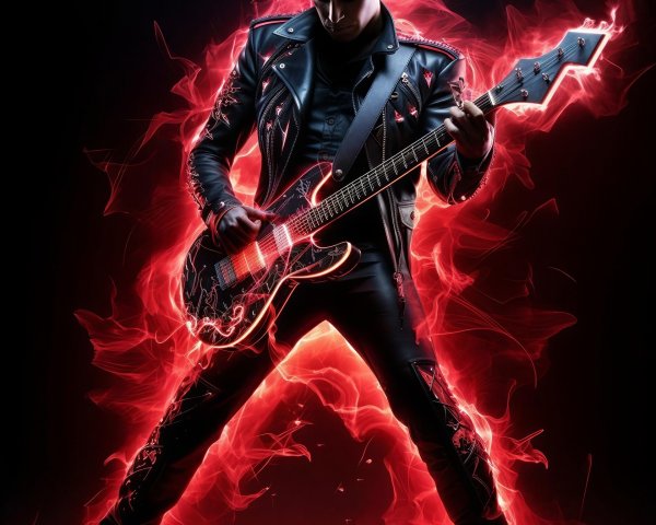 Energetic Male Rock Star Playing Red Electric Guitar