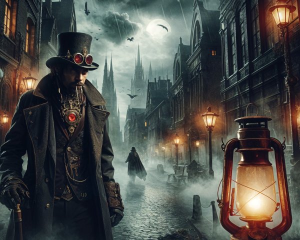 Mysterious Figure in Steampunk Attire on Gothic Street