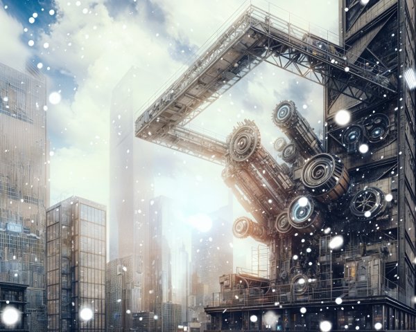Futuristic Industrial Structure in Snowy Urban Scene