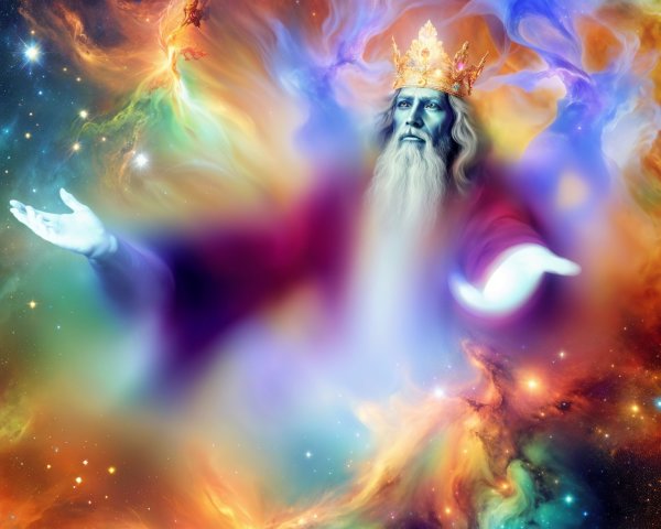 Majestic Figure with Golden Crown in Cosmic Setting