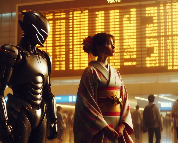 Futuristic Train Station with Robot and Kimono Culture